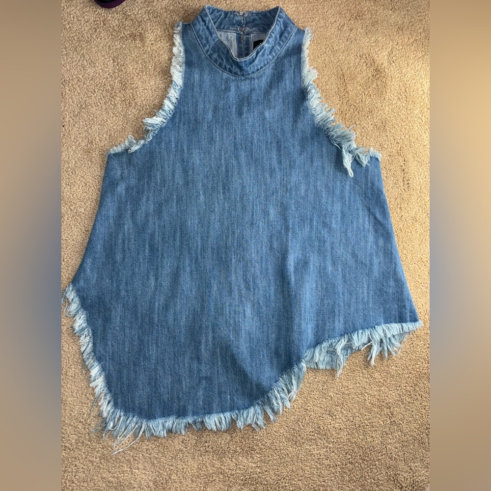 Denim high neck, asymmetrical top